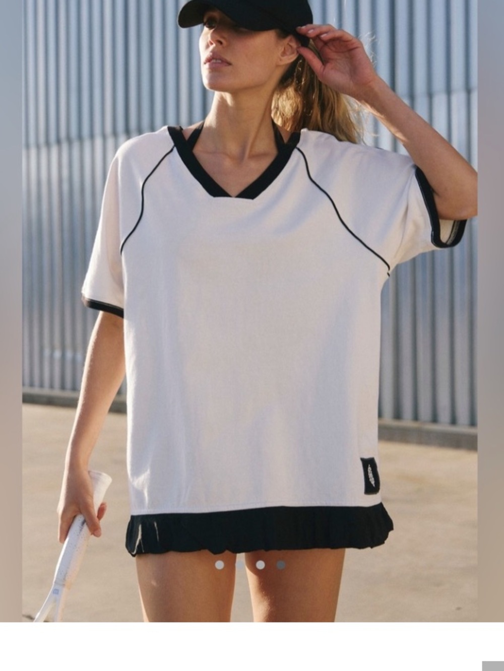 Free People White V-Neck Top with Black Trim and Ruffle Hem NWOT